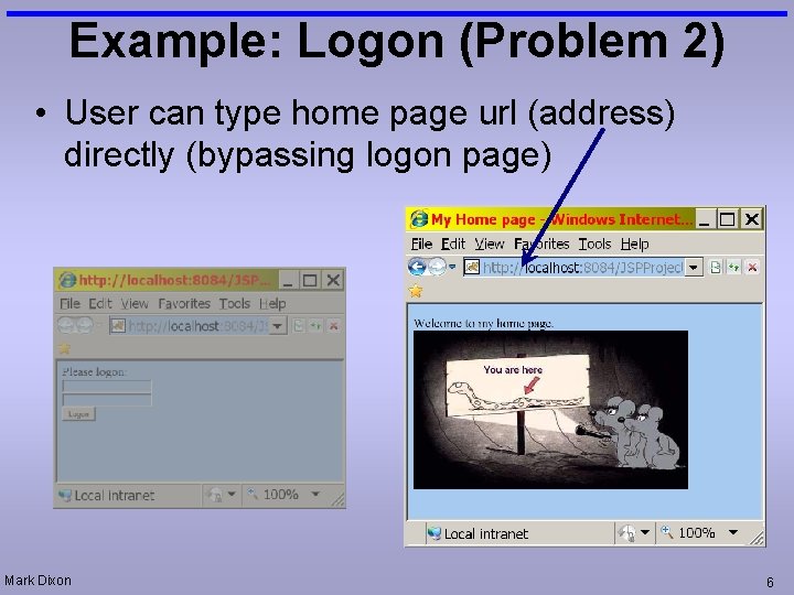 Example: Logon (Problem 2) • User can type home page url (address) directly (bypassing