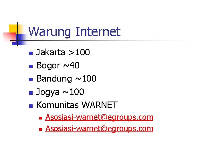 Warung Internet n n n Jakarta >100 Bogor ~40 Bandung ~100 Jogya ~100 Komunitas