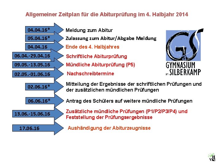 Allgemeiner Zeitplan für die Abiturprüfung im 4. Halbjahr 2014 04. 16* Meldung zum Abitur