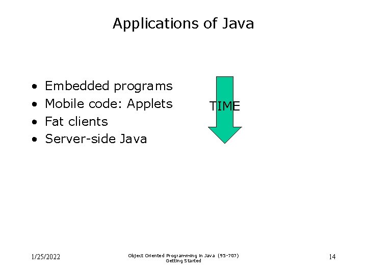 Applications of Java • • Embedded programs Mobile code: Applets Fat clients Server-side Java