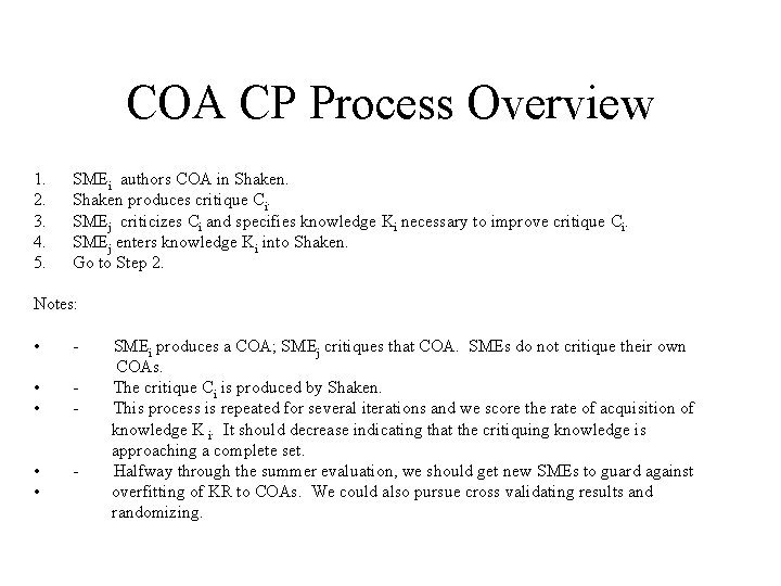 COA CP Process Overview 1. 2. 3. 4. 5. SMEi authors COA in Shaken