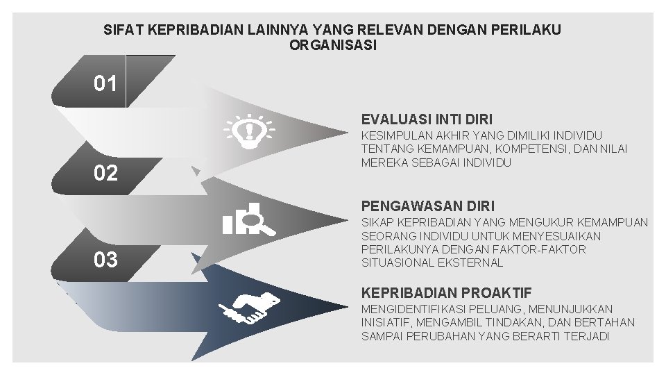 SIFAT KEPRIBADIAN LAINNYA YANG RELEVAN DENGAN PERILAKU ORGANISASI 01 EVALUASI INTI DIRI 02 KESIMPULAN