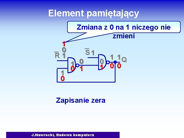 Element pamiętający 1 0 R 1 1 0 Zmiana z 0 na 1 niczego