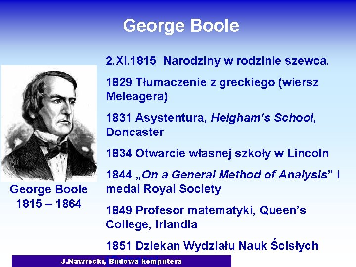 George Boole 2. XI. 1815 Narodziny w rodzinie szewca. 1829 Tłumaczenie z greckiego (wiersz