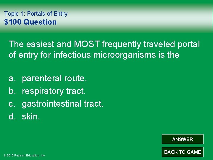 Topic 1: Portals of Entry $100 Question The easiest and MOST frequently traveled portal