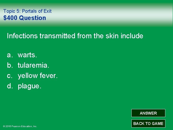 Topic 5: Portals of Exit $400 Question Infections transmitted from the skin include a.