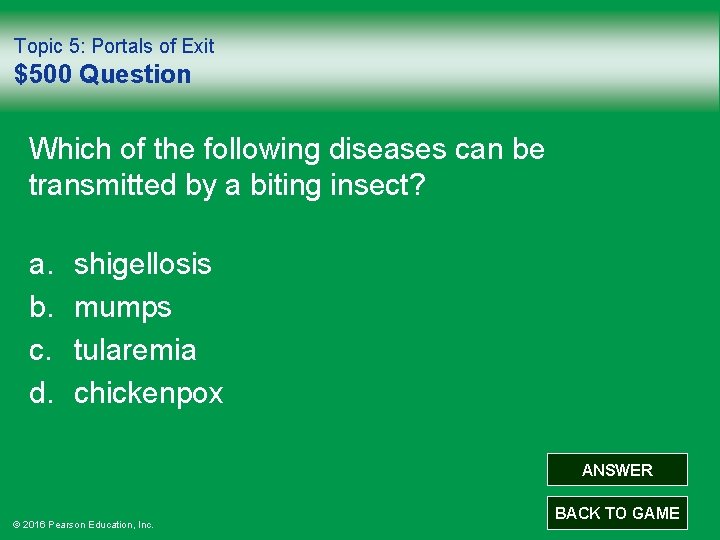 Topic 5: Portals of Exit $500 Question Which of the following diseases can be