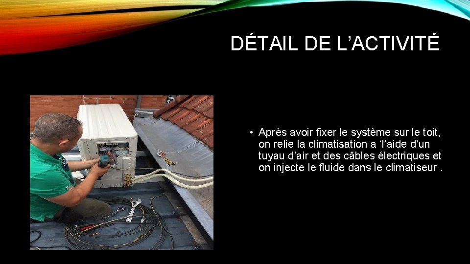 DÉTAIL DE L’ACTIVITÉ • Après avoir fixer le système sur le toit, on relie