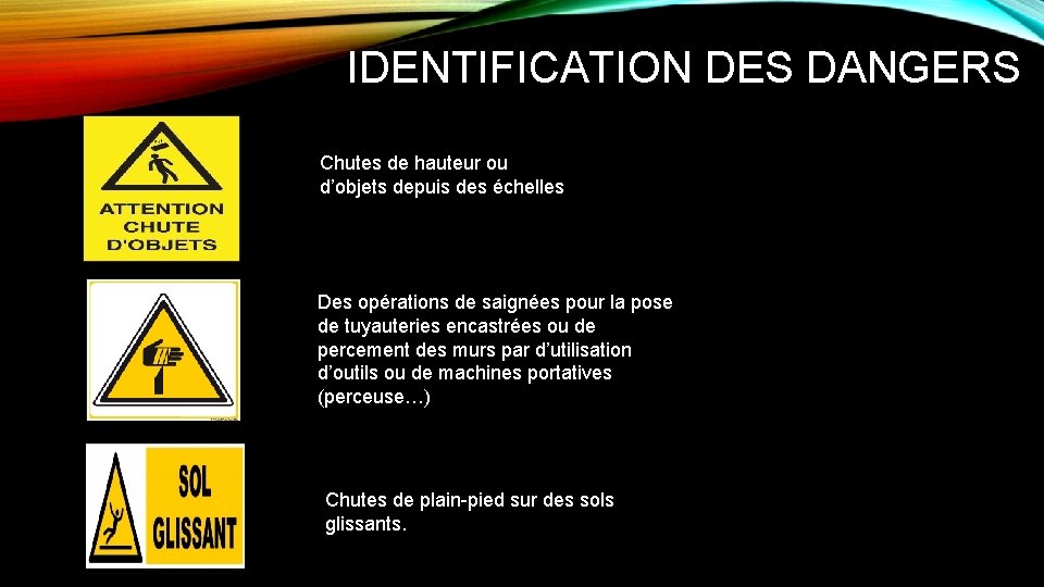 IDENTIFICATION DES DANGERS Chutes de hauteur ou d’objets depuis des échelles Des opérations de