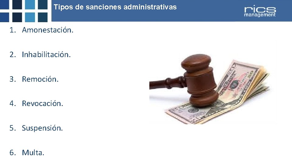 Tipos de sanciones administrativas 1. Amonestación. 2. Inhabilitación. 3. Remoción. 4. Revocación. 5. Suspensión.