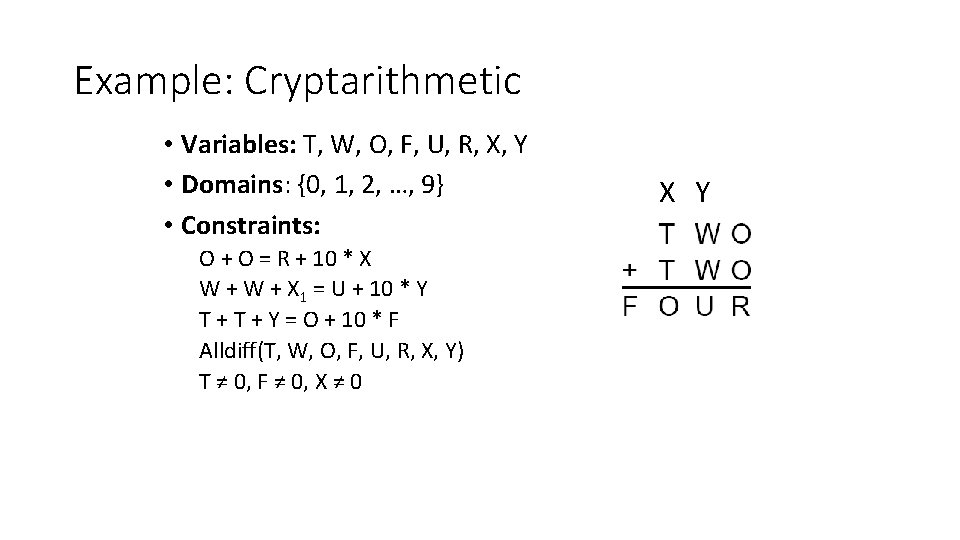 Example: Cryptarithmetic • Variables: T, W, O, F, U, R, X, Y • Domains: Example: Cryptarithmetic • Variables: T, W, O, F, U, R, X, Y • Domains: