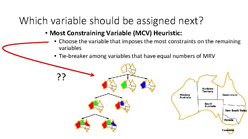 Which variable should be assigned next? • Most Constraining Variable (MCV) Heuristic: • Choose