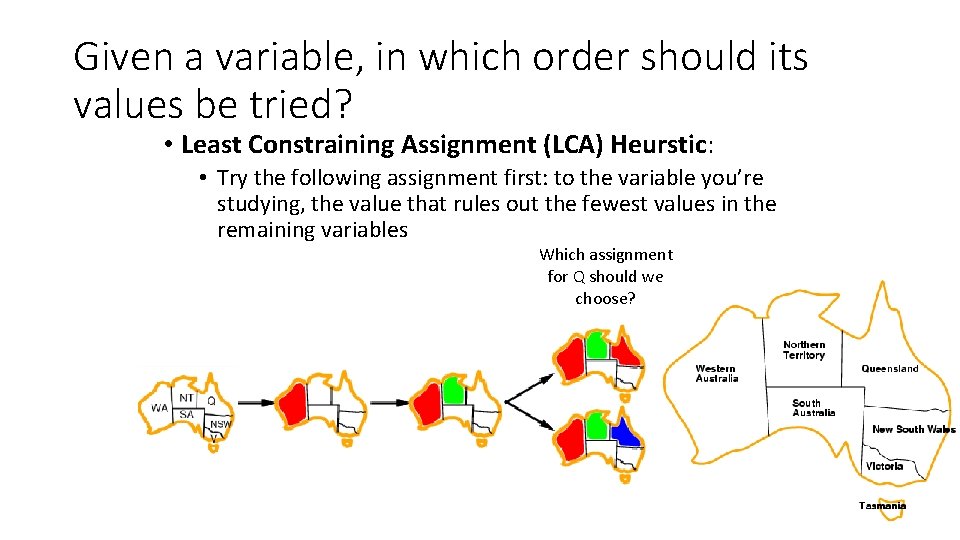 Given a variable, in which order should its values be tried? • Least Constraining Given a variable, in which order should its values be tried? • Least Constraining