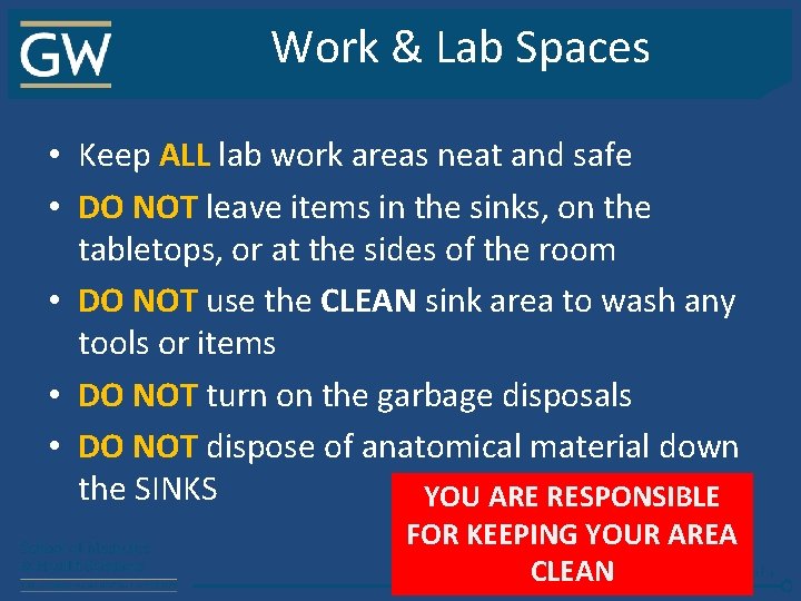 Work & Lab Spaces • Keep ALL lab work areas neat and safe •