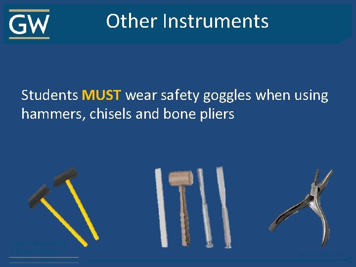 Other Instruments Students MUST wear safety goggles when using hammers, chisels and bone pliers