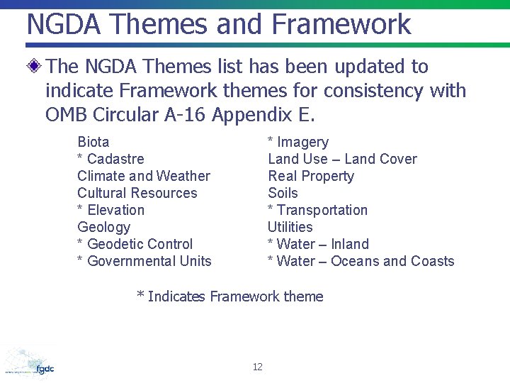 NGDA Themes and Framework The NGDA Themes list has been updated to indicate Framework