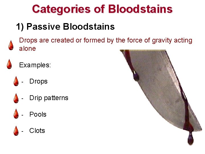Categories of Bloodstains 1) Passive Bloodstains - Drops are created or formed by the Categories of Bloodstains 1) Passive Bloodstains - Drops are created or formed by the