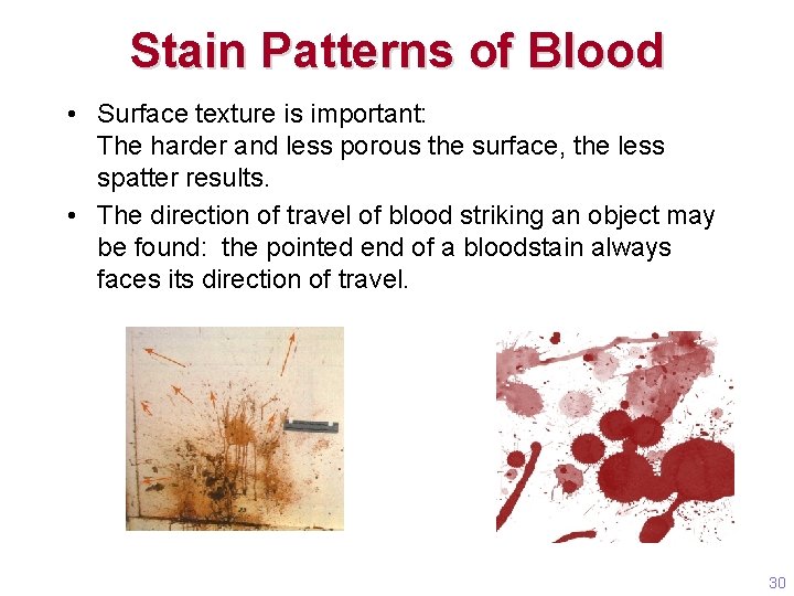 Stain Patterns of Blood • Surface texture is important: The harder and less porous Stain Patterns of Blood • Surface texture is important: The harder and less porous