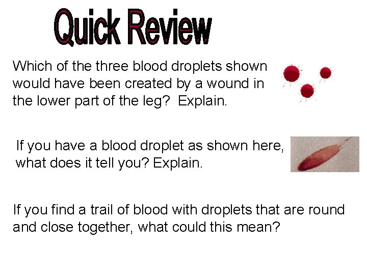 Which of the three blood droplets shown would have been created by a wound Which of the three blood droplets shown would have been created by a wound