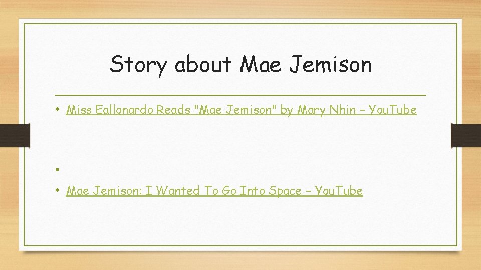 Story about Mae Jemison • Miss Eallonardo Reads "Mae Jemison" by Mary Nhin –