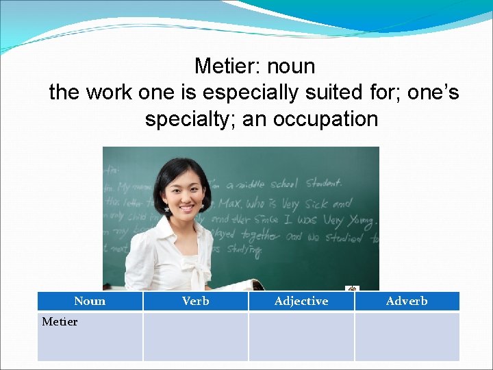 Metier: noun the work one is especially suited for; one’s specialty; an occupation Noun