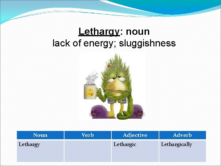 Lethargy: noun lack of energy; sluggishness Noun Lethargy Verb Adjective Lethargic Adverb Lethargically 