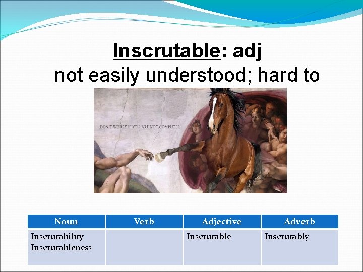 Inscrutable: adj not easily understood; hard to fathom Noun Inscrutability Inscrutableness Verb Adjective Inscrutable