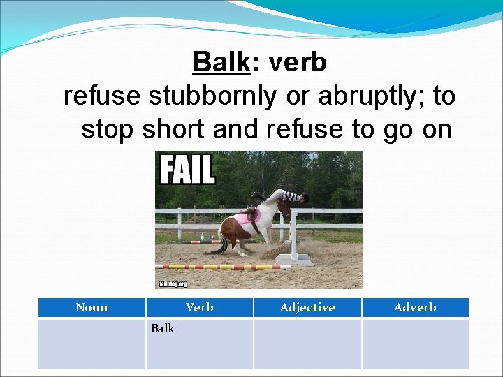 Balk: verb refuse stubbornly or abruptly; to stop short and refuse to go on