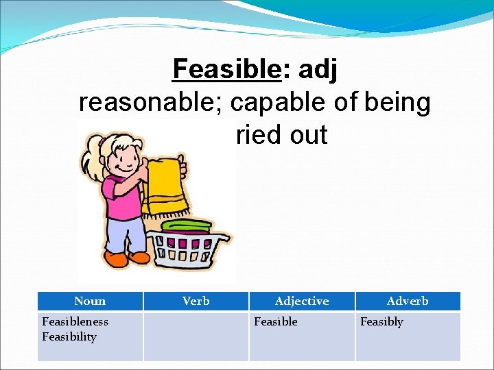 Feasible: adj reasonable; capable of being carried out Noun Feasibleness Feasibility Verb Adjective Feasible