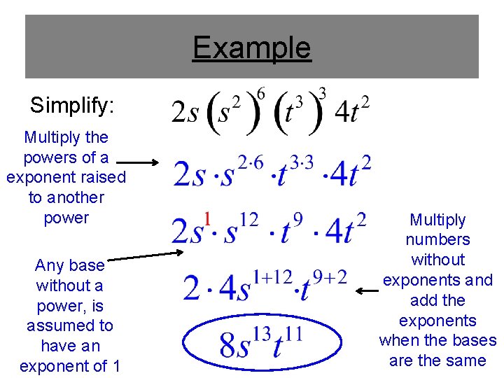 Example Simplify: Multiply the powers of a exponent raised to another power Any base