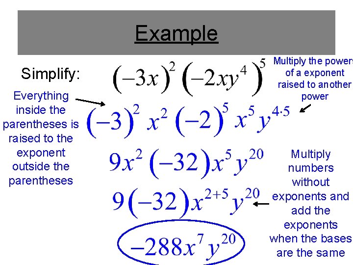 Example Simplify: Everything inside the parentheses is raised to the exponent outside the parentheses