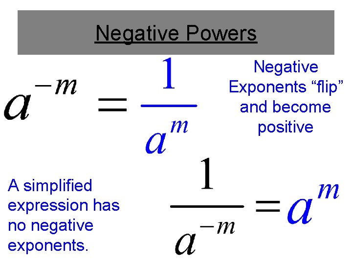 Negative Powers Negative Exponents “flip” and become positive A simplified expression has no negative