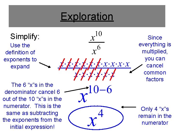 Exploration Simplify: Use the definition of exponents to expand The 6 “x”s in the