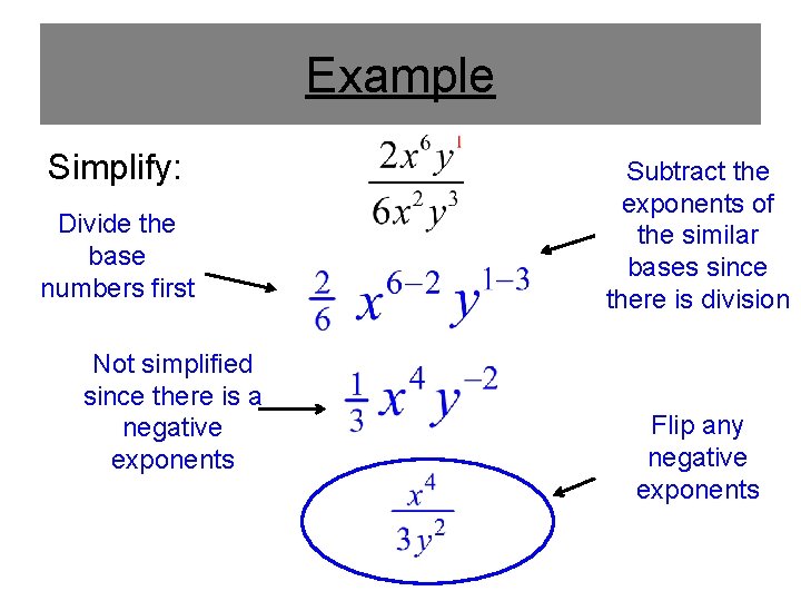 Example Simplify: Divide the base numbers first Not simplified since there is a negative