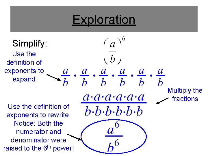 Exploration Simplify: Use the definition of exponents to expand Multiply the fractions Use the