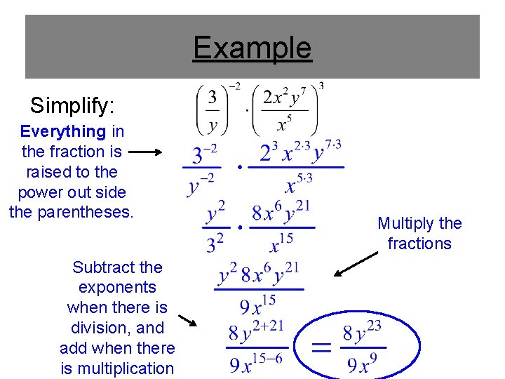 Example Simplify: Everything in the fraction is raised to the power out side the