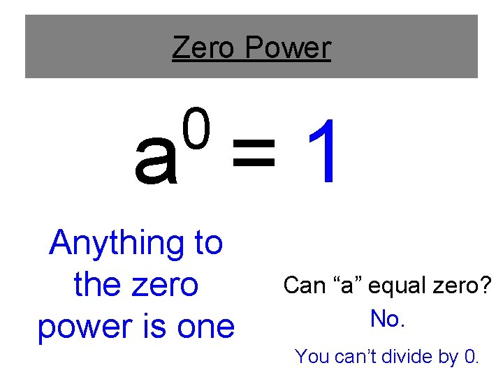 Zero Power 0 a =1 Anything to the zero power is one Can “a”