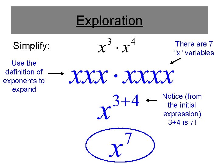 Exploration Simplify: Use the definition of exponents to expand There are 7 “x” variables