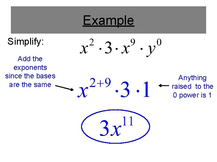 Example Simplify: Add the exponents since the bases are the same Anything raised to