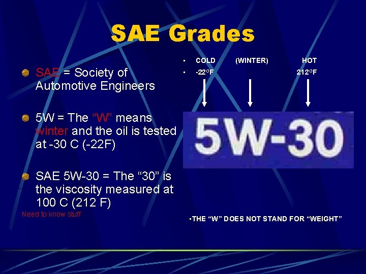 SAE Grades SAE = Society of Automotive Engineers • COLD • -22 OF (WINTER)