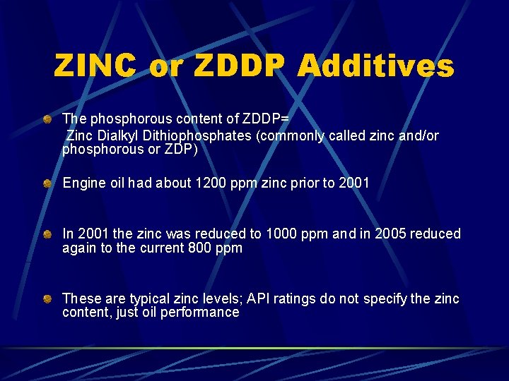 ZINC or ZDDP Additives The phosphorous content of ZDDP= Zinc Dialkyl Dithiophosphates (commonly called