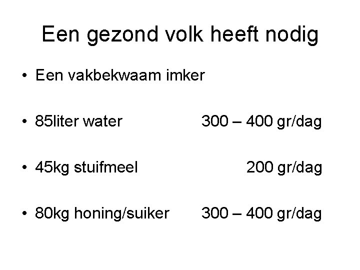 Een gezond volk heeft nodig • Een vakbekwaam imker • 85 liter water •