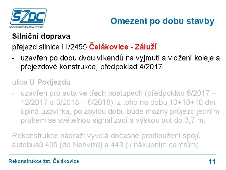 Omezení po dobu stavby Silniční doprava přejezd silnice III/2455 Čelákovice - Záluží - uzavřen