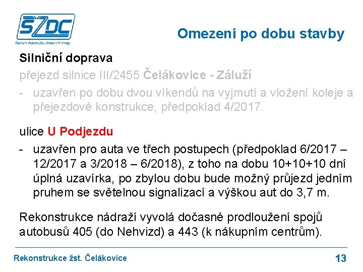 Omezení po dobu stavby Silniční doprava přejezd silnice III/2455 Čelákovice - Záluží - uzavřen