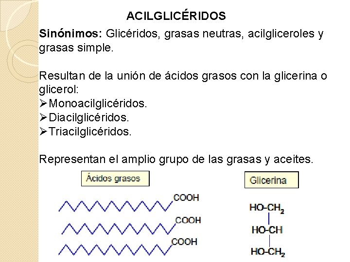 ACILGLICÉRIDOS Sinónimos: Glicéridos, grasas neutras, acilgliceroles y grasas simple. Resultan de la unión de