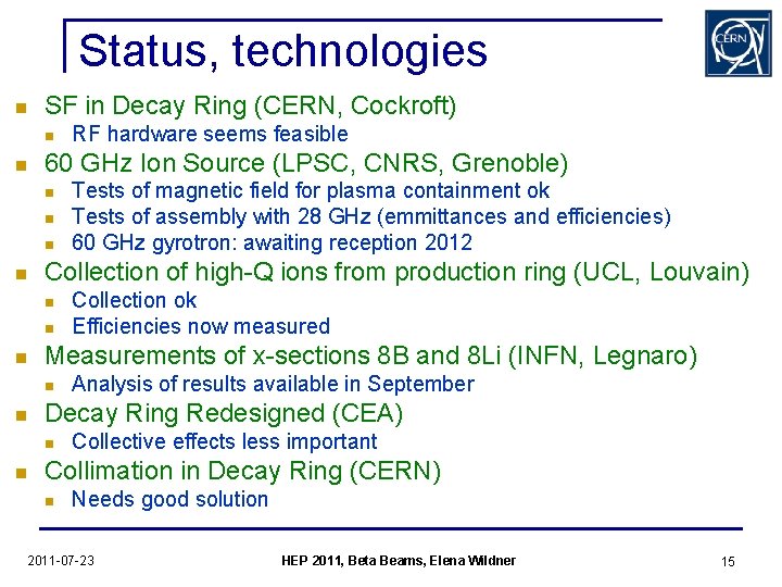 Status, technologies n SF in Decay Ring (CERN, Cockroft) n n 60 GHz Ion