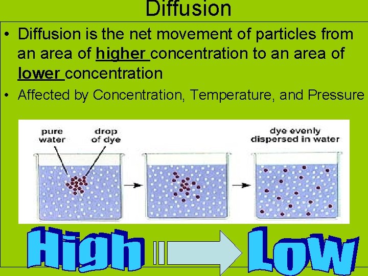 Diffusion • Diffusion is the net movement of particles from an area of higher