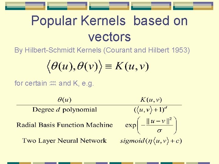 Popular Kernels based on vectors By Hilbert-Schmidt Kernels (Courant and Hilbert 1953) for certain Popular Kernels based on vectors By Hilbert-Schmidt Kernels (Courant and Hilbert 1953) for certain