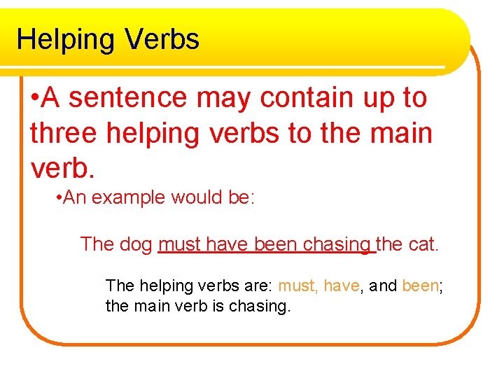Helping Verbs • A sentence may contain up to three helping verbs to the