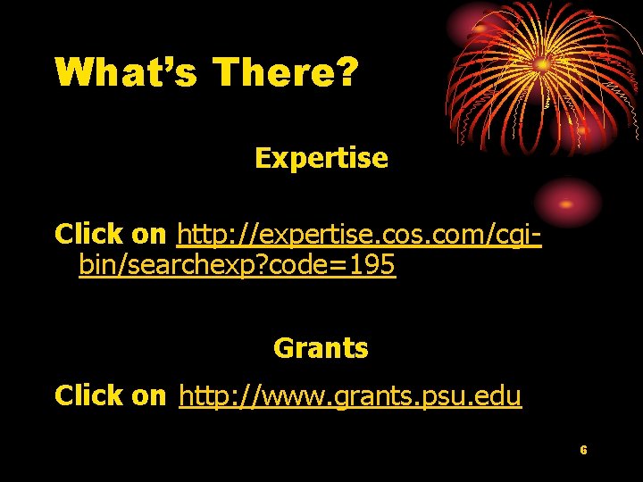 What’s There? Expertise Click on http: //expertise. cos. com/cgibin/searchexp? code=195 Grants Click on http: